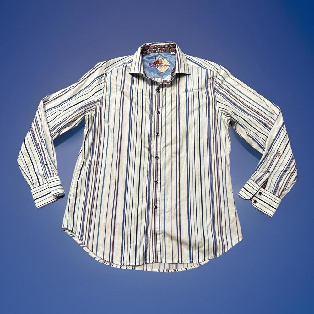 Robert Graham Men’s L Sheep Violin Embroidered Striped Shirt Flip Cuff